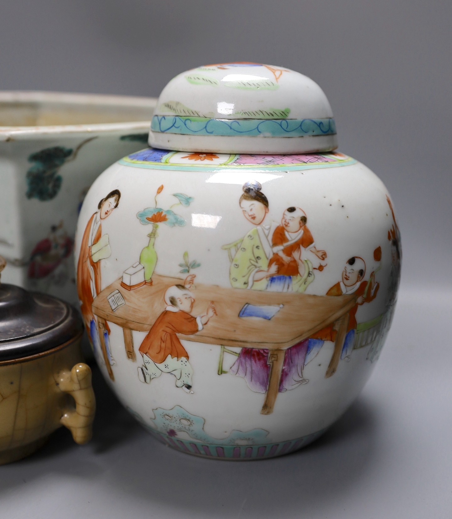 A 19th century Chinese famille rose planter, a jar and cover, two bowls and a crackle ware censer and wood cover, plater 16 cms high